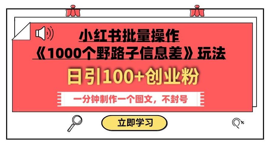 小红书批量操作《1000个野路子信息差》玩法，一分钟制作一个图文，不封号，日引100+创业粉-网创