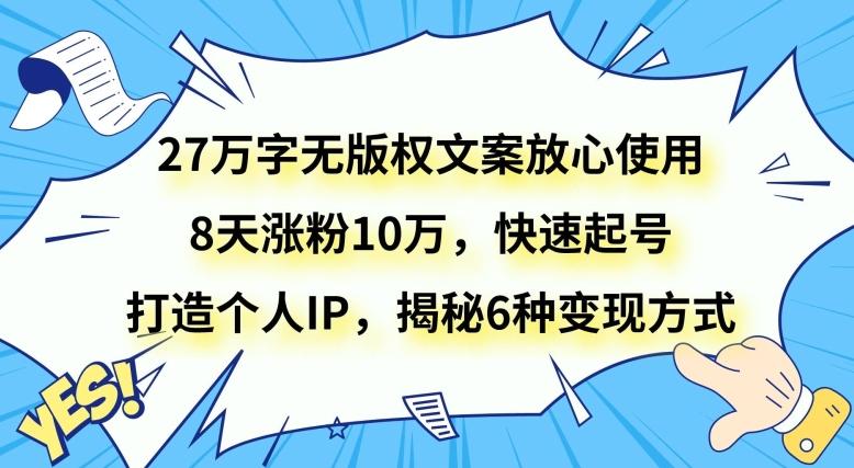 27万字无版权文案放心使用，8天涨粉10万，快速起号，打造个人IP，揭秘6种变现方式-网创
