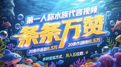 第一人称水族代言视频,条条万赞,20条作品涨粉7.8W,多种变现方式月入五位数-网创
